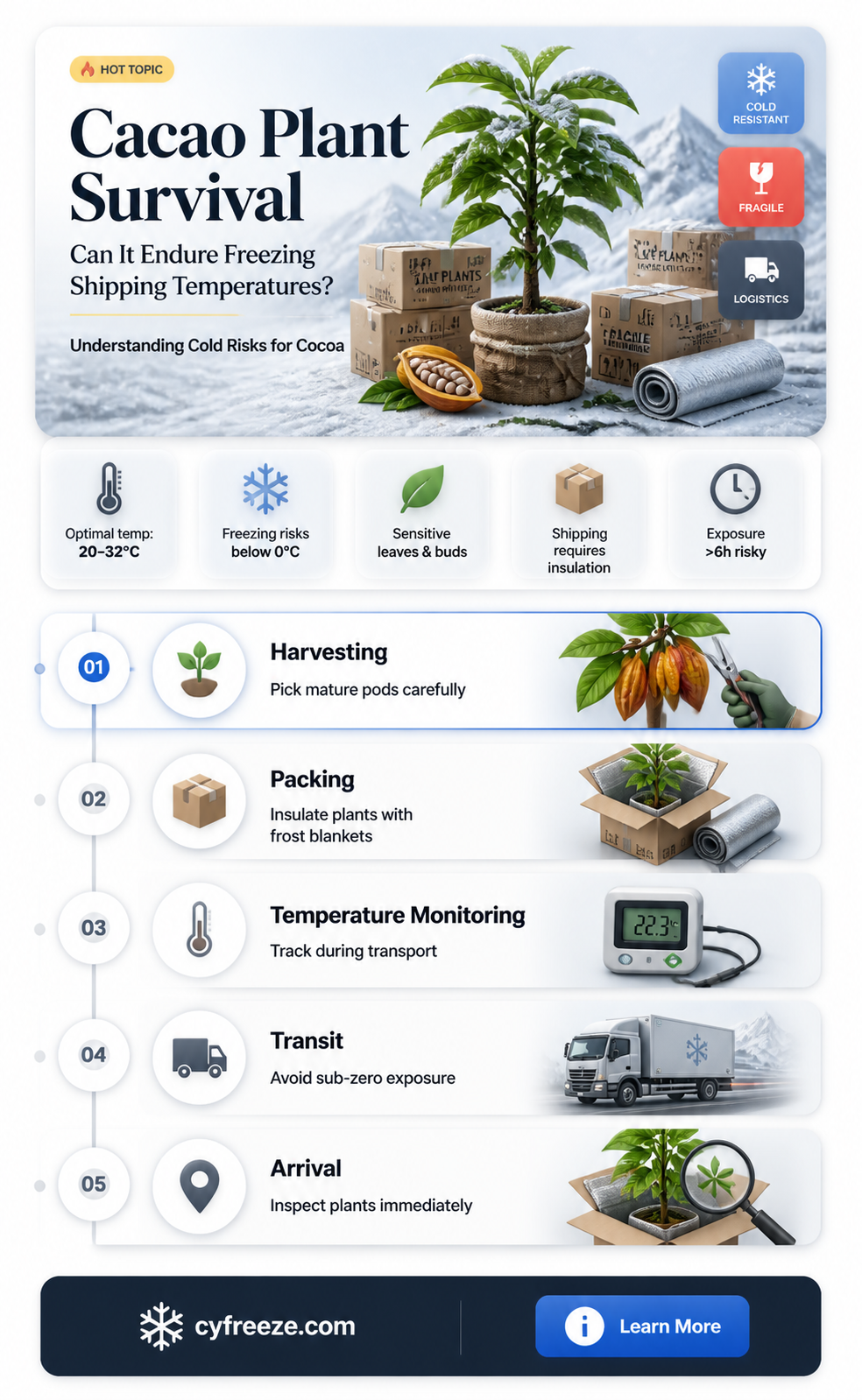 can the cacao plant survive freezing temperatures in shipping