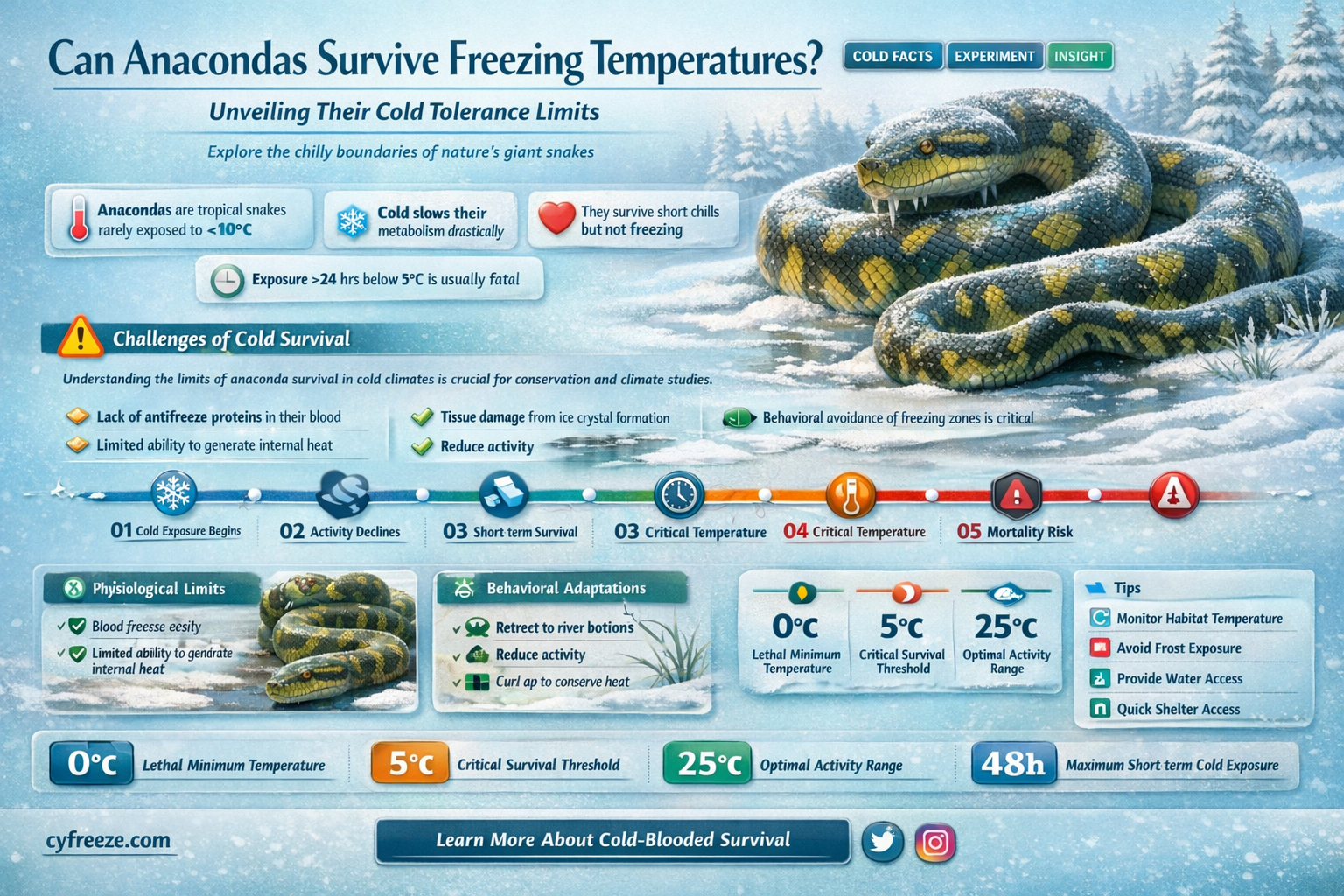 can anaconda survive in freezing temperatures